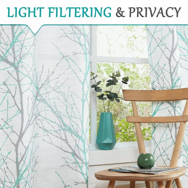 FMFUNCTEX Linen Semi Sheer Curtains for Bedroom, Auqa Blue White Curtains 96 Inches Long for Living Room, Grey Tree Branch Patterned Curtain Light Filtering Window Drapes, Grommet Top 2 Panels - Image 3